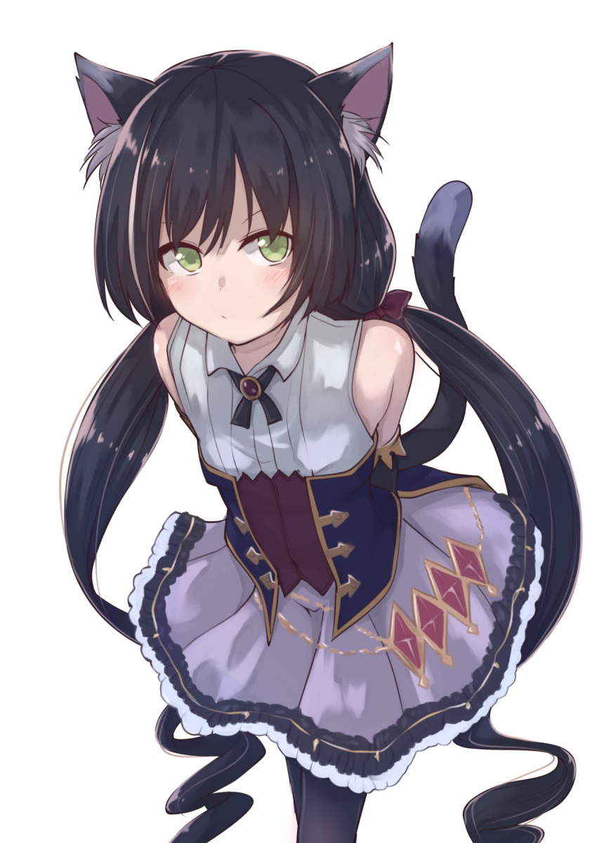 animal_ear_fluff animal_ears arms_behind_back bare_shoulders black_hair black_pantyhose blush breasts cat_ears cat_girl cat_tail closed_mouth commentary_request detached_sleeves dress female frills from_above gem green_eyes highres karyl_(princess_connect!) leafy_(kitsuneya) long_hair looking_at_viewer low_twintails multicolored_hair pantyhose princess_connect! purple_skirt simple_background skirt sleeveless sleeveless_dress small_breasts solo streaked_hair tail tail_raised twintails very_long_hair white_background white_hair