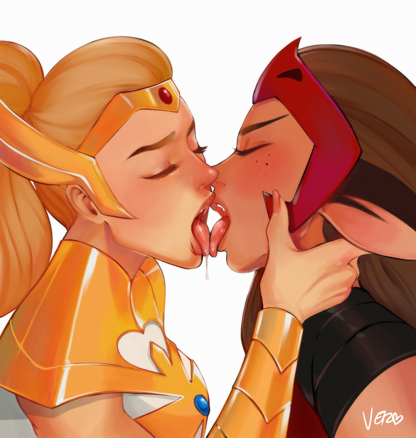 2girls animal_ears armor armored_dress blonde_hair blush brown_hair cat_ears cat_girl catra circlet closed_eyes commentary dark-skinned_female dark_skin diadem drooling english_commentary freckles french_kiss from_side hand_on_another's_neck highres kissing lips long_hair multiple_girls oerba_yun_fang open_mouth paid_reward_available ponytail portrait saliva she-ra she-ra_and_the_princesses_of_power signature teeth thick_eyebrows tongue tongue_out upper_teeth_only vambraces vero white_background yuri