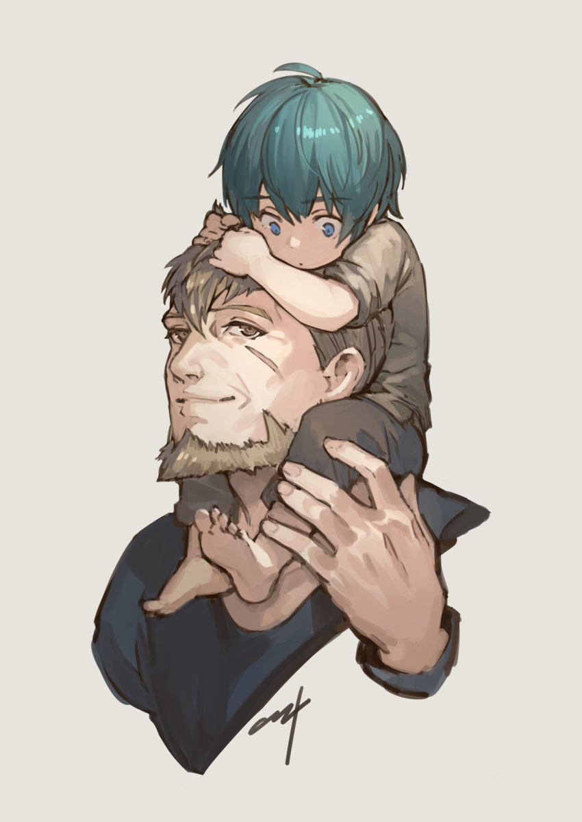 2boys aged_down beard blue_eyes blue_hair brown_eyes brown_hair byleth_(fire_emblem) byleth_(male)_(fire_emblem) carrying closed_mouth facial_hair father_and_son fire_emblem fire_emblem:_three_houses highres jeralt_reus_eisner lolicon male_focus multiple_boys nishiki_areku short_hair short_sleeves shoulder_carry smile