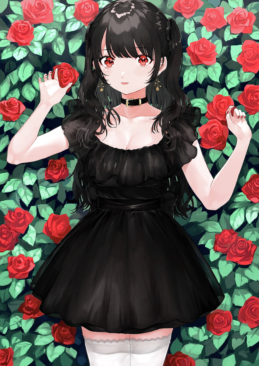 absurdres black_choker black_dress black_hair breasts choker cleavage commentary dress earrings female flower highres jewelry lace lace-trimmed_legwear lace_trim long_hair nail_polish oerba_yun_fang original red_eyes red_flower red_nails red_rose rose rose_bush solo symbol-only_commentary thighhighs two_side_up usagiplanet7 white_thighhighs