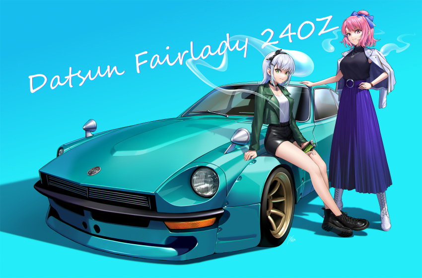 2girls alternate_costume aqua_theme bare_shoulders black_choker black_footwear black_hairband black_jacket black_ribbon black_skirt blue_background blue_theme blush bow breasts car chinese_commentary choker cleavage collarbone commentary contemporary datsun datsun_240z green_eyes green_skirt hair_between_eyes hair_ribbon hairband highres holding jacket konpaku_youmu konpaku_youmu_(ghost) large_breasts long_sleeves looking_at_viewer masin0201 miniskirt motor_vehicle multiple_girls neck_ribbon nissan_fairlady_z no_headwear off_shoulder parted_lips pencil_skirt pink_eyes pink_hair ribbon saigyouji_yuyuko shadow shirt shoes short_hair short_sleeves sitting skirt skirt_set smile sports_car standing touhou vehicle_focus vest white_shirt