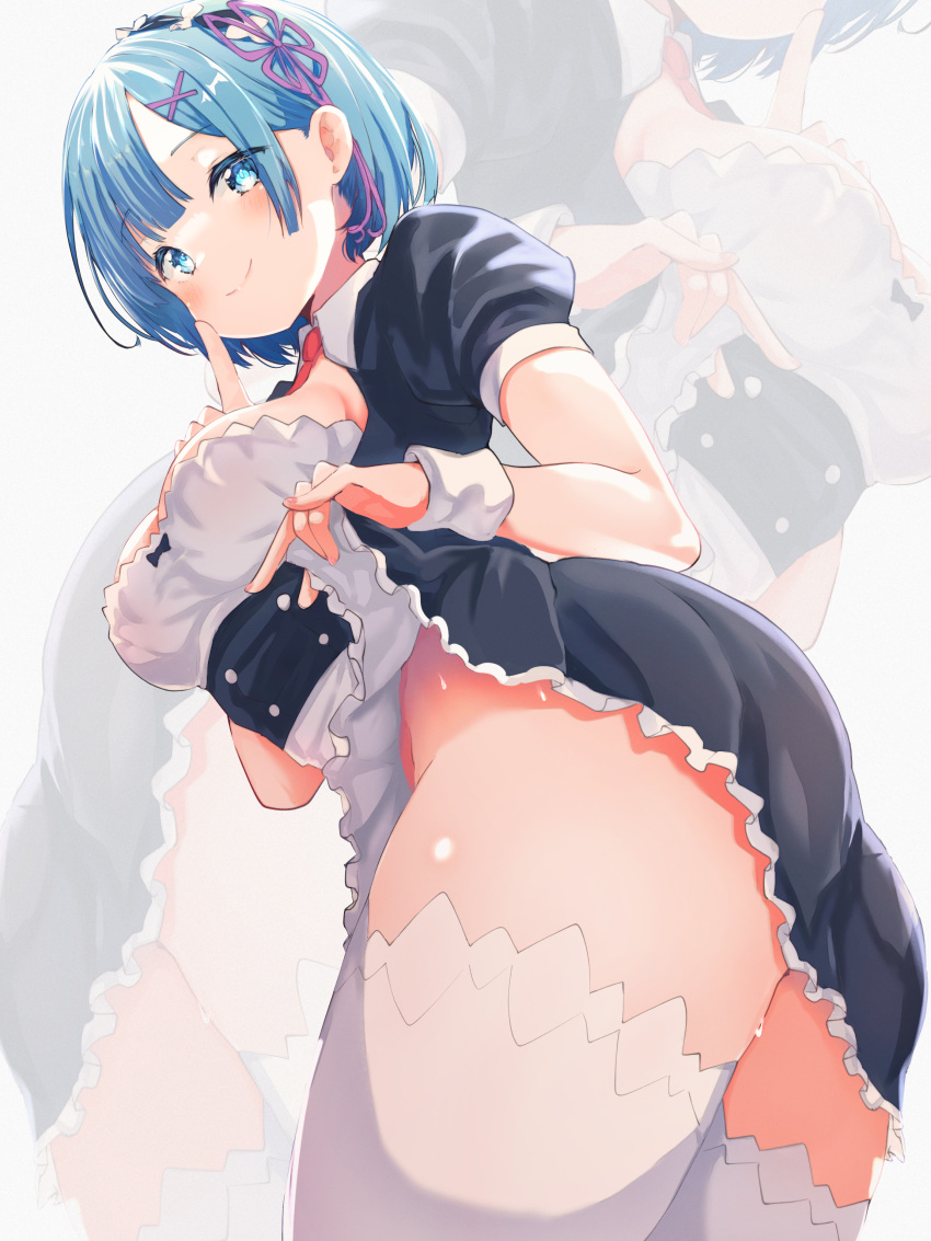 absurdres ass black_dress blue_eyes blue_hair blunt_bangs breasts clothes_lift collared_dress dress dress_lift english_commentary female hair_ornament hair_ribbon highres index_finger_raised lifting_own_clothes looking_at_viewer maid maid_headdress medium_breasts no_panties parted_bangs re:zero_kara_hajimeru_isekai_seikatsu rem_(re:zero) ribbon roswaal_mansion_maid_uniform short_hair sidelocks simple_background smile standing thighhighs thighs white_background white_thighhighs x_hair_ornament zerobarto zoom_layer