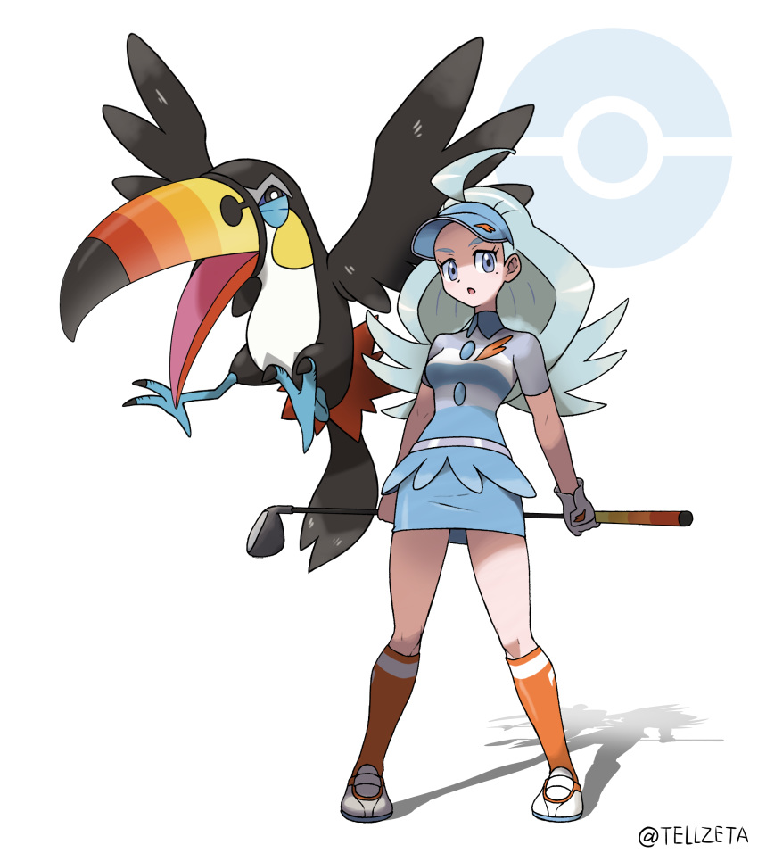 :o absurdres ahoge artist_name blue_hair blue_headwear breasts collared_shirt commentary_request female flipped_hair golf_club grey_eyes highres holding holding_golf_club kahili_(pokemon) light_blue_hair long_hair medium_breasts mole mole_under_eye official_style open_mouth orange_legwear pencil_skirt poke_ball_symbol pokemon pokemon_(creature) pokemon_sm shirt short_sleeves simple_background skirt socks standing striped_clothes striped_shirt tellzeta tongue toucannon visor_cap watermark