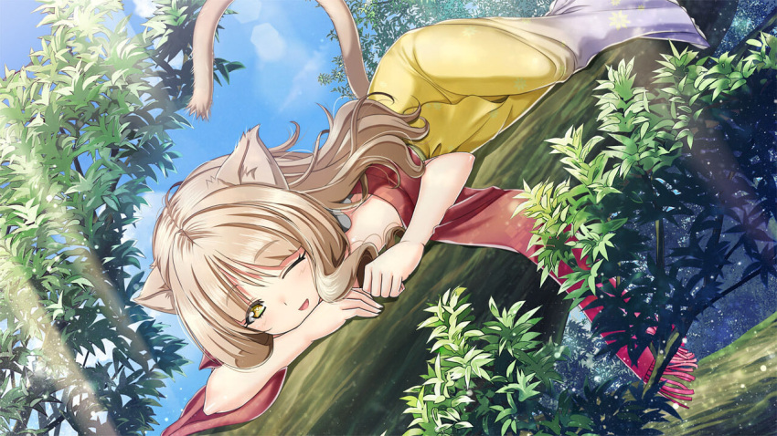 ;d amrita_(artwhirl) animal_ears artwhirl_mahou_gakuen_no_otome-tachi blonde_hair blue_sky cat_ears cat_girl cat_tail day female game_cg gradient_skirt in_tree kimura_kitaka long_hair long_skirt lying on_stomach one_eye_closed outdoors red_scarf scarf skirt sky smile solo tail tree very_long_hair white_skirt yellow_eyes yellow_skirt