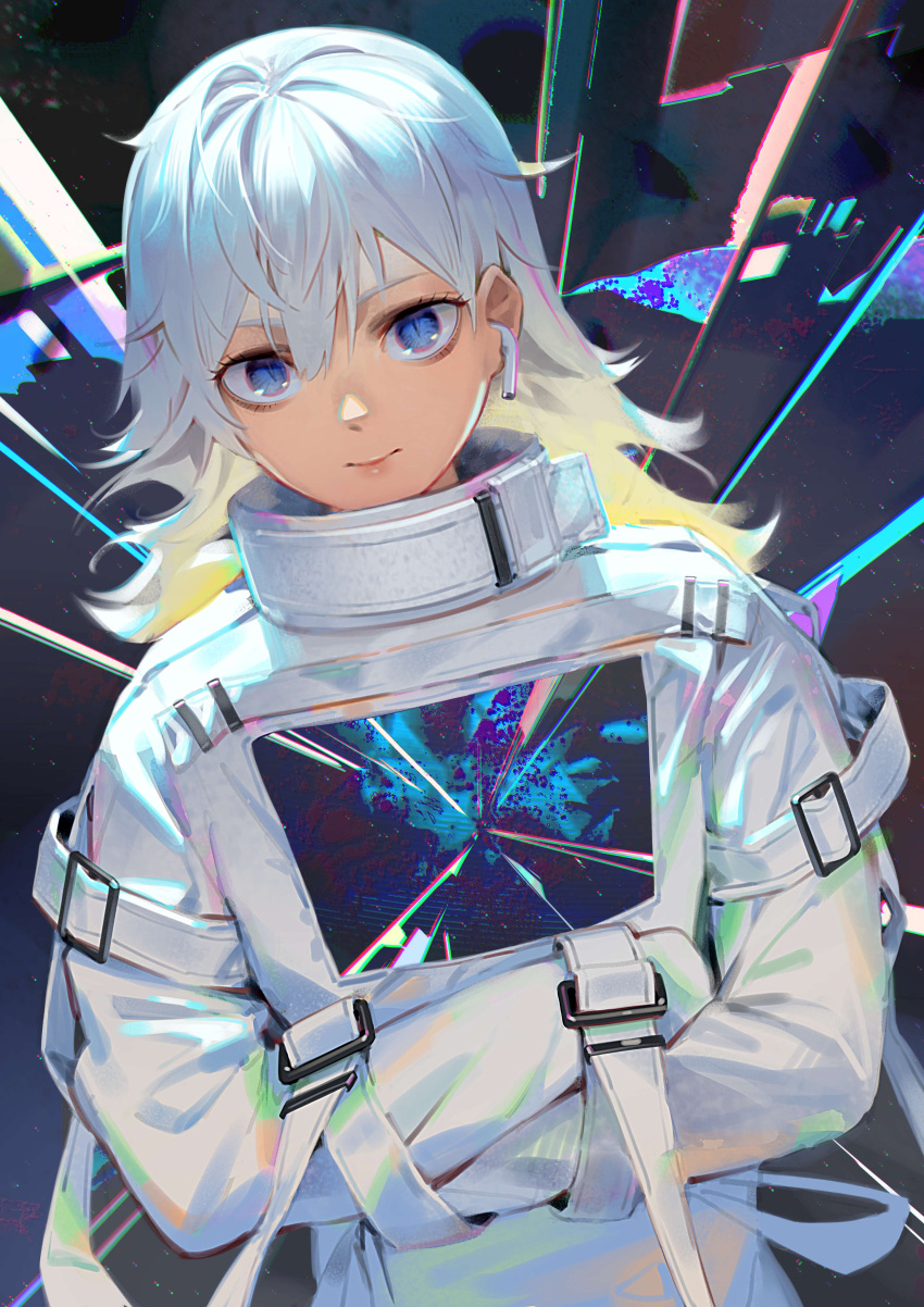 abstract abstract_background absurdres bad_id bad_twitter_id blonde_hair blue_eyes chromatic_aberration closed_mouth ddal earbuds earphones female hair_between_eyes highres long_hair looking_at_viewer multicolored_hair original slit_pupils smile solo straitjacket white_hair