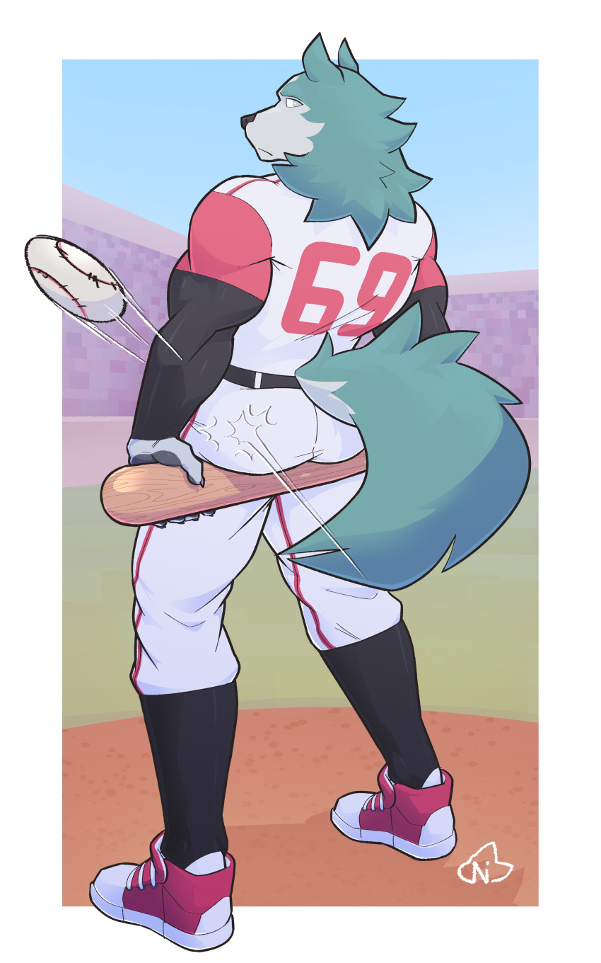 5:8 69_(number) absurd_res airborne_ball airborne_object anthro ass ball baseball_(ball) baseball_bat baseball_uniform bat_(object) blue_body blue_fur brand_new_animal canid canine canis clothed clothing competition_number fur hi_res holding_object jersey looking_back male mammal muscular muscular_anthro muscular_male ni_draw number number_on_clothing number_on_jersey number_on_topwear number_print print_clothing print_jersey print_topwear rear_view ricochet shirou_ogami solo sportswear sportwear studio_trigger topwear uniform wolf