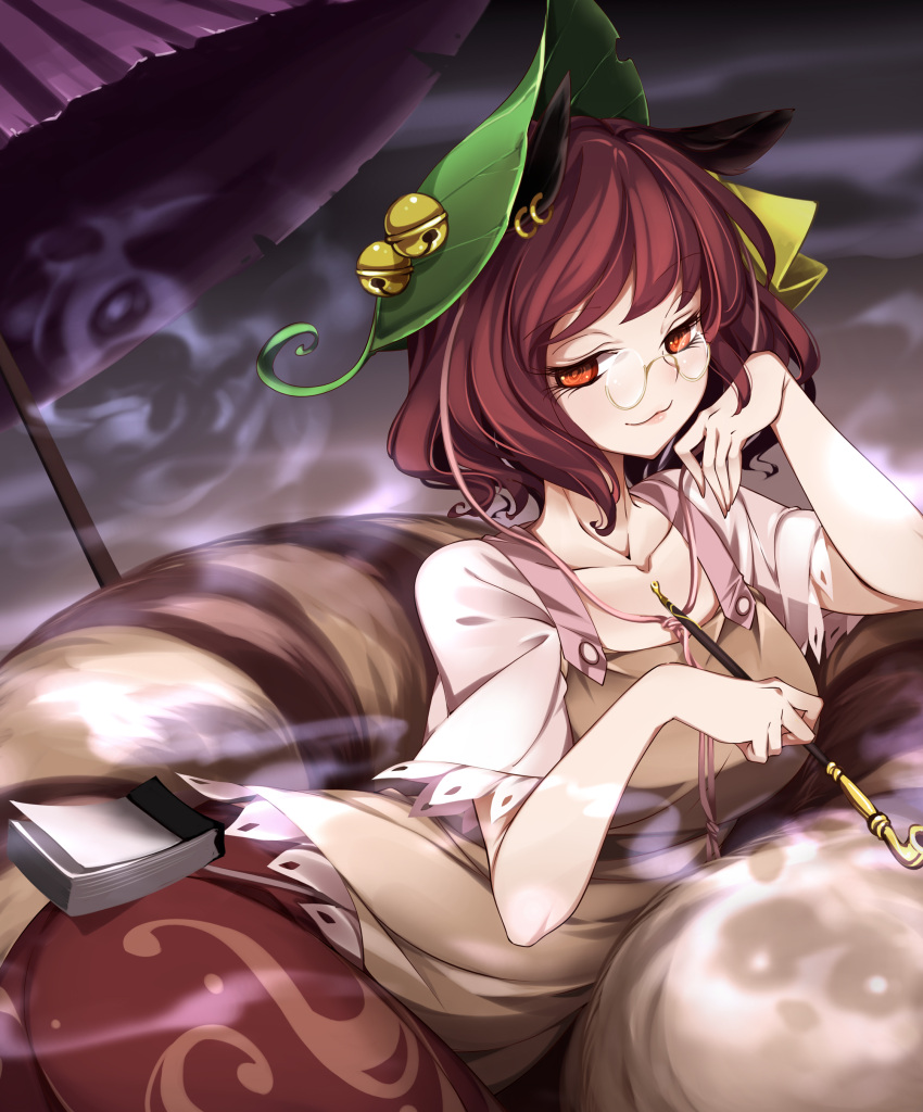 :3 absurdres animal_ears bell brown_hair brown_shirt brown_skirt calendar_(object) closed_mouth collarbone cowboy_shot elbow_rest female futatsuiwa_mamizou glasses hair_bell hair_ornament half-closed_eyes hand_to_own_mouth hands_up hat_bell highres holding holding_smoking_pipe jingle_bell kiseru large_tail leaf leaf_hair_ornament leaf_on_head light_blush looking_at_viewer lying naughty_face notepad oil-paper_umbrella on_side orange_eyes raccoon_ears raccoon_tail raptor7 reclining red_skirt round_eyewear semi-rimless_eyewear shirt short_hair short_sleeves sitting sitting_on_tail skirt smile smoke smoking_pipe solo tail tanuki touhou umbrella under-rim_eyewear yellow-framed_eyewear