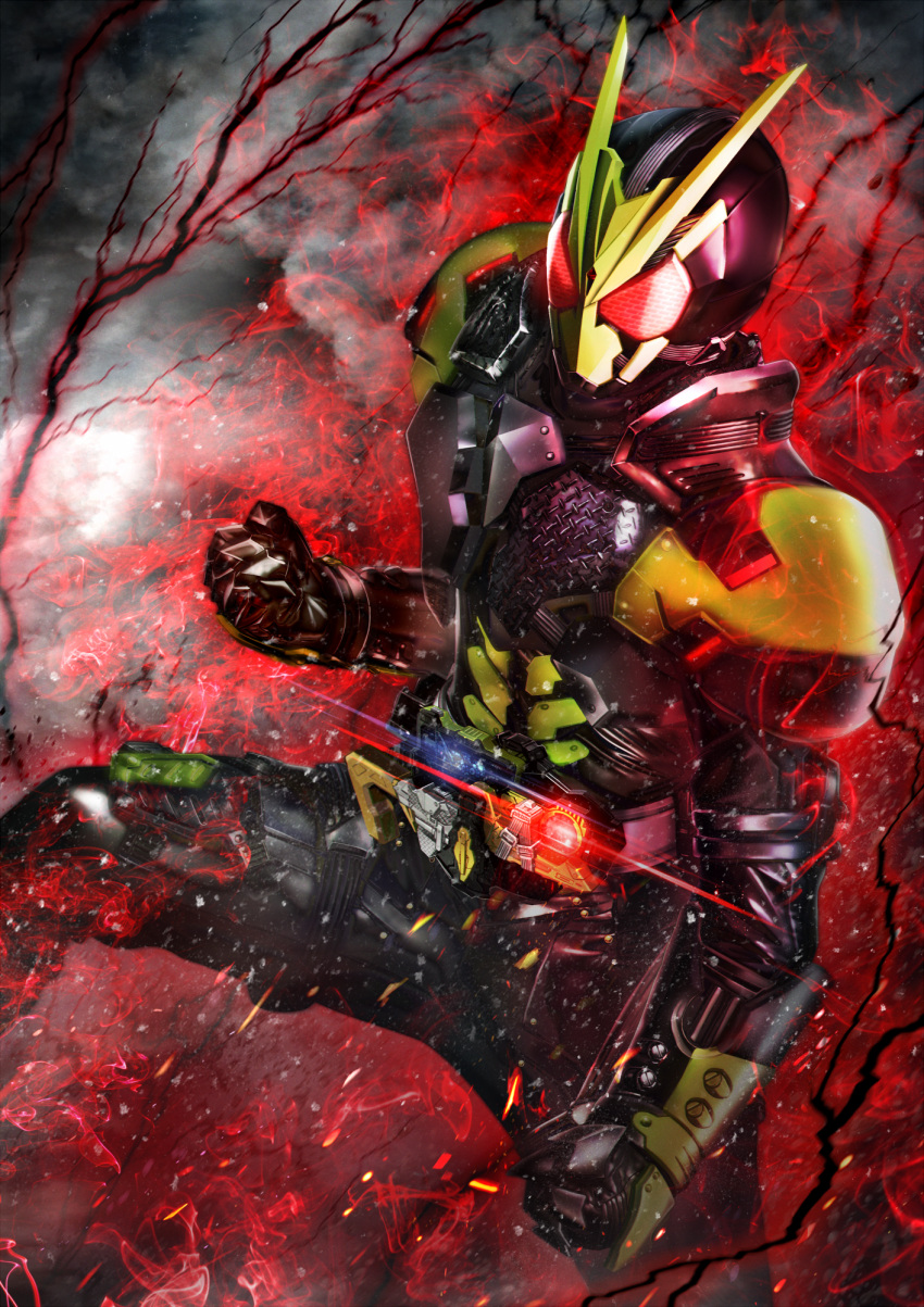 1boy adapted_costume alternate_costume alternate_universe armor black_armor black_footwear bodysuit boots bug clenched_hand commentary_request electricity fighting_stance forceriser grasshopper green_armor highres kamen_rider kamen_rider:_reiwa_the_first_generation kamen_rider_01_(series) kamen_rider_zero-one kamen_rider_zerozero_one lightning male_focus mask masukudo_(hamamoto_hikaru) progrise_key rising_hopper tokusatsu