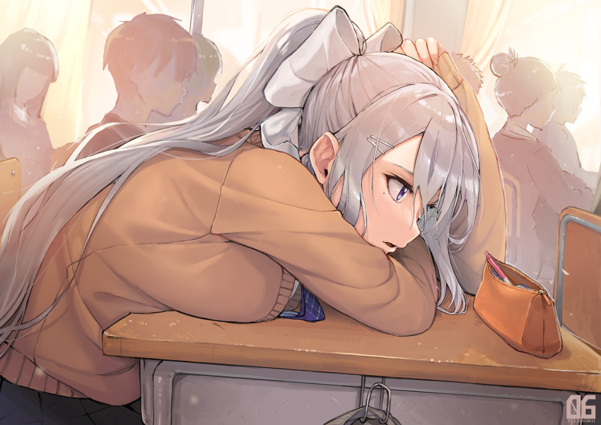 bow brown_cardigan cardigan classroom commentary_request desk faceless female from_side grey_hair hair_between_eyes hair_ornament hairbow hairclip highres higuchi_kaede leaning_forward long_hair mole mole_under_eye nijisanji pencil pencil_case plaid_neckwear ponytail school_desk school_uniform solo_focus virtual_youtuber zelo6