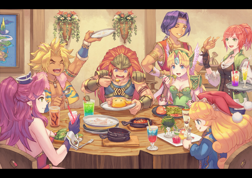 3boys 4girls absurdres anbe_yoshirou angela_(seiken_densetsu_3) armor blonde_hair blue_eyes chair charlotte_(seiken_densetsu_3) closed_eyes cup dark-skinned_male dark_skin drinking_glass drinking_straw duran_(seiken_densetsu_3) earrings eating faerie_(seiken_densetsu_3) fangs food fork frying_pan full_metal_hugger gloves green_eyes hat hawkeye_(seiken_densetsu_3) headband helmet highres holding indoors jacket jewelry kevin_(seiken_densetsu_3) letterboxed lisa_(seiken_densetsu_3) long_hair multiple_boys multiple_girls necklace one_eye_closed open_mouth orange_hair photoshop_(medium) pink_hair plant plate ponytail potted_plant purple_eyes purple_hair rabite_(seiken_densetsu) riesz seiken_densetsu seiken_densetsu_3 table tongue tongue_out tray