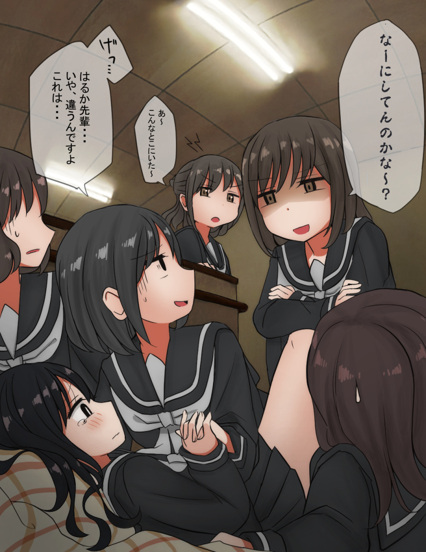 black_serafuku black_shirt black_skirt blouse blush book brown_hair caught highres interlocked_fingers long_hair long_sleeves mejikara_scene multiple_girls original pencil_case school_uniform serafuku shaded_face shirt short_hair skirt stairs sweat tears translated yuri