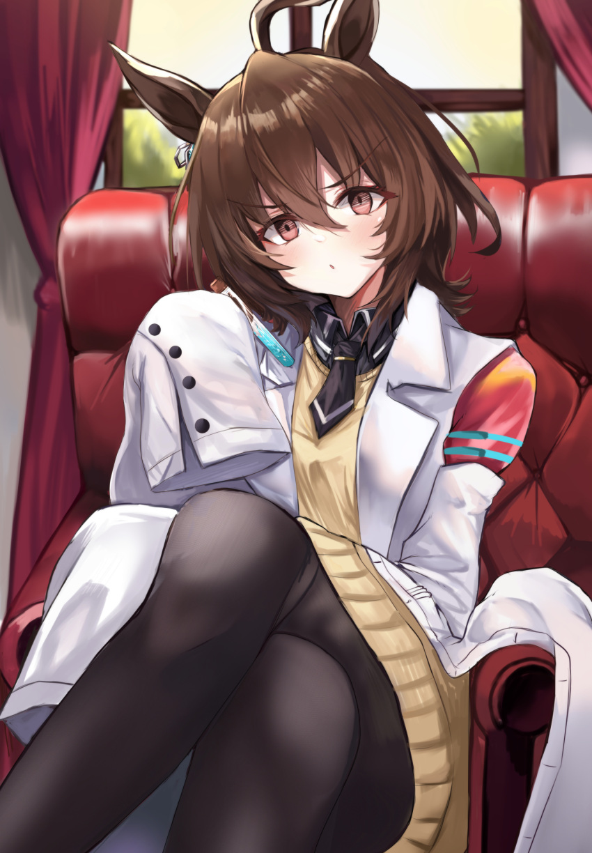 agnes_tachyon_(umamusume) ahoge animal_ears artistic_error black_necktie black_pantyhose blush brown_hair chair coat crossed_legs earrings female hair_between_eyes highres horse_ears horse_girl jewelry lab_coat looking_at_viewer necktie pantyhose red_eyes setu_(shining12) short_hair single_earring sitting sleeves_past_fingers sleeves_past_wrists solo sweater_vest umamusume white_coat yellow_sweater_vest