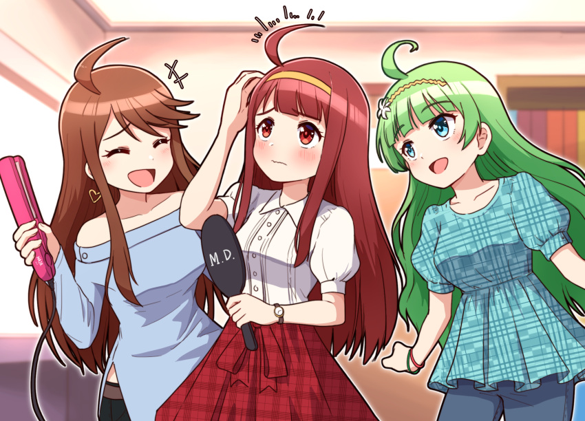 3girls ahoge alternate_hairstyle bare_shoulders blurry brown_eyes brown_hair casual closed_eyes depth_of_field earrings hair_straightener hairband hand_mirror highres idolmaster idolmaster_million_live! idolmaster_million_live!_theater_days indoors jewelry long_hair mirror multiple_girls plaid red_eyes red_hair shimabara_elena skirt takiki tanaka_kotoha tokoro_megumi tristar_vision_(idolmaster)