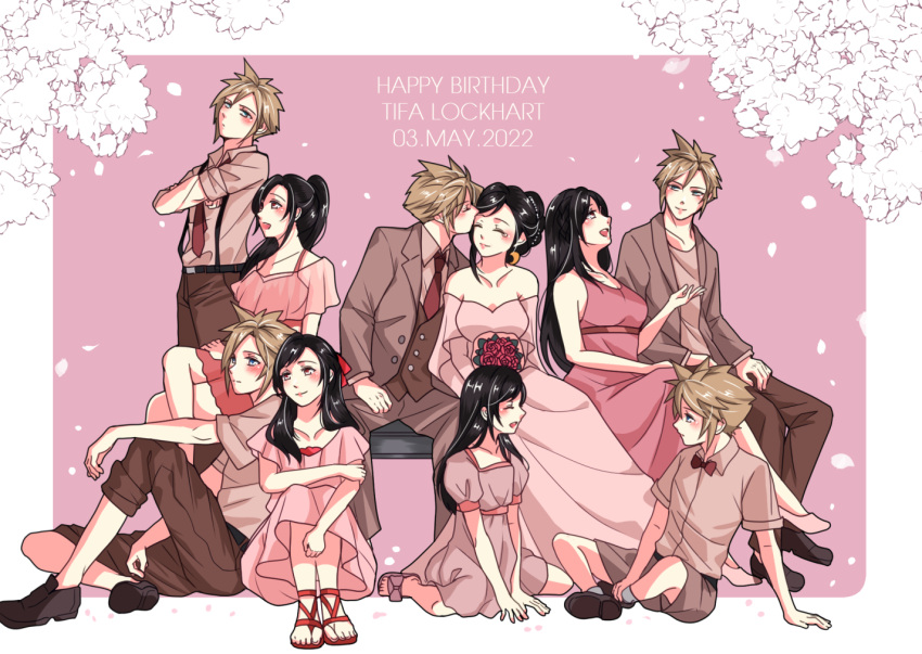 1boy babigonice bare_shoulders black_hair blonde_hair blue_eyes blush bouquet bow bowtie character_name cloud_strife couple dated dress earrings female final_fantasy final_fantasy_vii final_fantasy_vii_remake flower formal full_body happy_birthday jewelry long_hair necktie pink_dress red_eyes sandals shoes sitting sleeveless sleeveless_dress straight suit tifa_lockhart