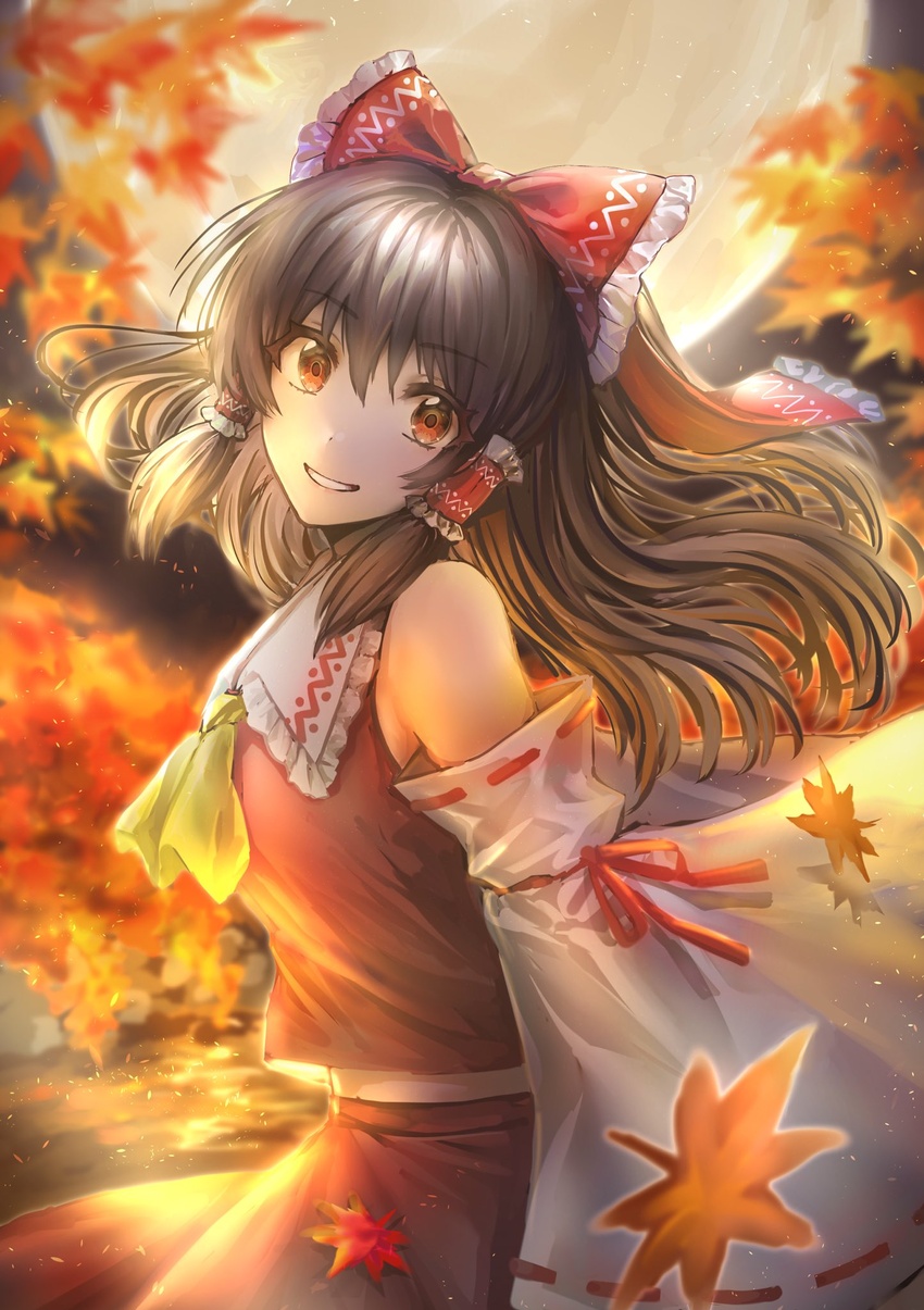 armpit_peek ascot autumn autumn_leaves bow brown_hair collar detached_sleeves female full_moon hair_tubes hakurei_reimu highres lake medium_hair moon night nontraditional_miko outdoors red_bow red_eyes red_shirt red_skirt ribbon-trimmed_sleeves ribbon_trim shirt sidelocks skirt skirt_set sleeveless smile solo tabiji_(tabiji_s) touhou white_collar yellow_ascot