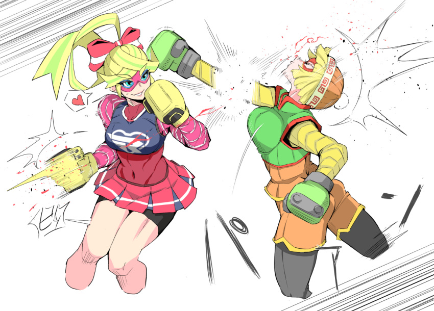 2girls abs aqua_eyes arms_(game) ass battle beanie bike_shorts black_legwear bleeding blood blue_sports_bra boxing boxing_gloves breasts chinese_clothes clip_studio_paint_(medium) commentary covered_navel cropped_legs crossed_bangs domino_mask eyebrows_visible_through_mask fighting_stance gloves green_gloves grin hair_ribbon hat heart injury knit_hat large_breasts leggings looking_at_another looking_away mandarin_collar mask meandros min_min_(arms) motion_lines multicolored_clothes multicolored_hair multicolored_headwear multiple_girls nexas nosebleed orange_shorts pantyhose pantyhose_under_shorts pink_sleeves pleated_skirt ponytail print_headwear profile red_ribbon ribbed_sleeves ribbon ribbon_girl_(arms) ribbon_hair ryona shorts simple_background skirt smile speech_bubble speed_lines spoken_heart sports_bra streaked_hair striped striped_ribbon thick_eyebrows thighs toned translation_request underwear white_background yellow_gloves yellow_sleeves