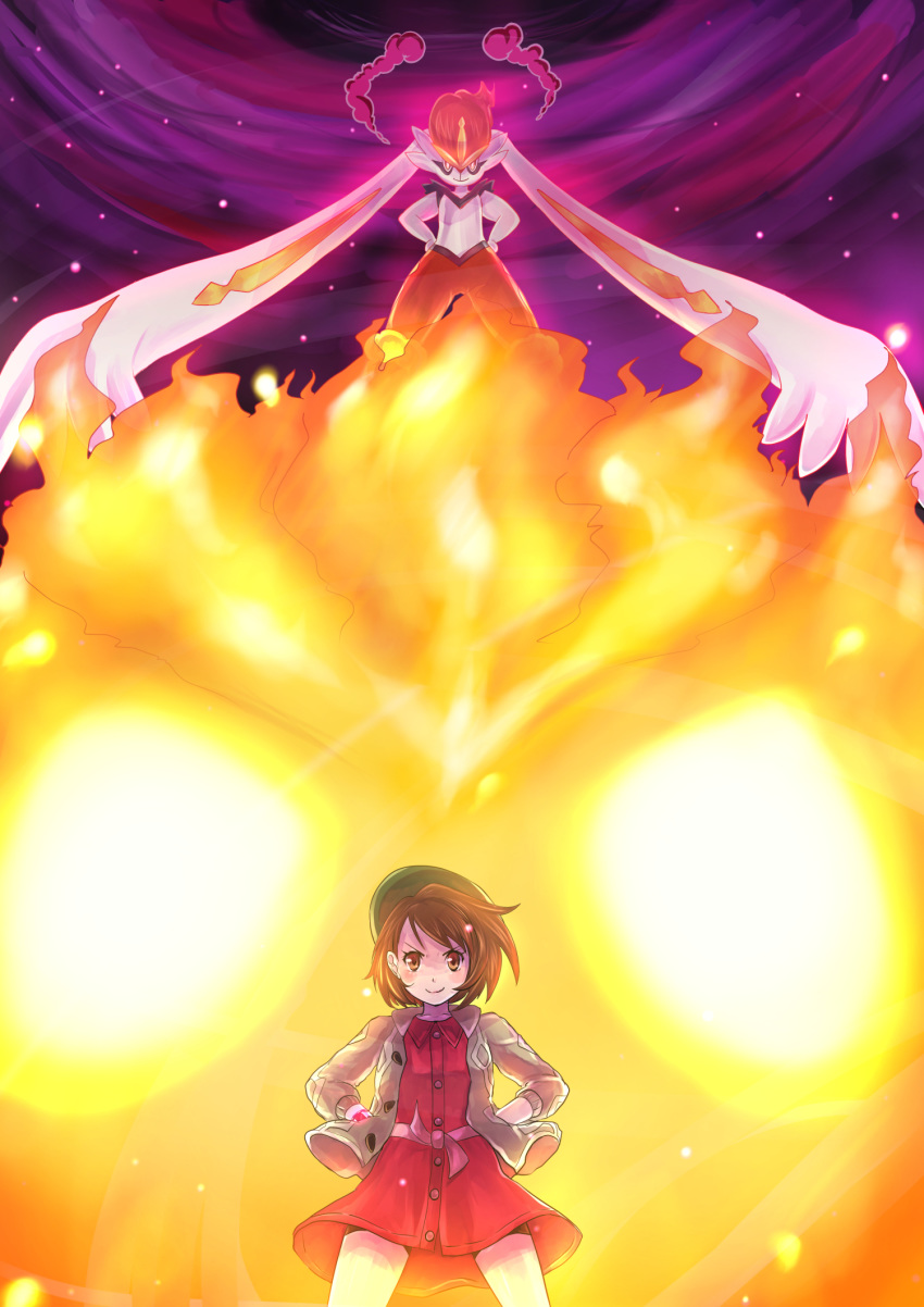 animal_ears brown_eyes brown_hair cardigan cinderace commentary dress female fire gigantamax gigantamax_cinderace gloria_(pokemon) glowing grey_cardigan hands_on_own_hips hat highres konna-nani pink_dress pokemon pokemon_(creature) pokemon_swsh rabbit_ears short_hair smile