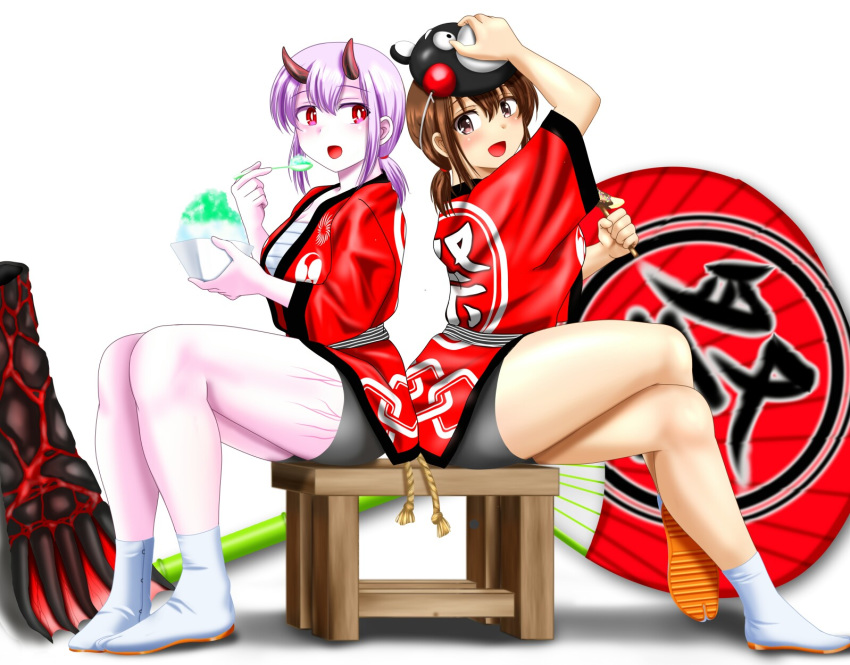 2girls back-to-back bad_id bad_pixiv_id bear_mask bike_shorts black_shorts brown_eyes chair claws colored_skin commentary_request food fubuki_(kancolle) hand_fan hand_fan_writing happi headband highres horns japanese_clothes kantai_collection long_hair low_ponytail lycoris_fubuki mask mask_on_head moto_rom_moppara multiple_girls oversized_object paper_fan ponytail prosthesis prosthetic_arm red_eyes shaved_ice short_ponytail shorts sidelocks simple_background sitting spoilers uchiwa white_background white_hair white_skin