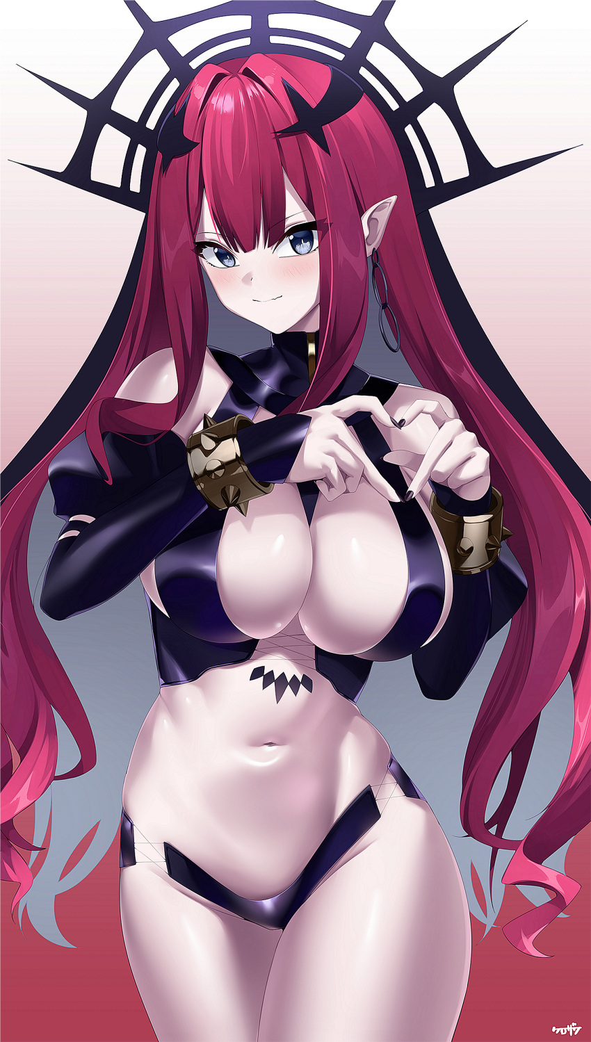 absurdres baobhan_sith_(fate) baobhan_sith_(second_ascension)_(fate) bare_shoulders black_panties bracelet breasts bridal_gauntlets detached_sleeves earrings fate/grand_order fate_(series) female grey_eyes heart heart_hands highres jewelry kurozawa_yui large_breasts long_hair looking_at_viewer navel panties pink_hair pointy_ears revealing_clothes sidelocks smile solo spiked_bracelet spikes thigh_strap thighs tiara underwear veil