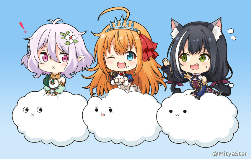 aqua_eyes black_hair cat_smile catgirl clouds food green_eyes karyl kokkoro long_hair miicha oerba_yun_fang orange_hair pecorine pointed_ears princess_connect! purple_eyes purple_hair short_hair tears tiara twintails waifu2x watermark wink