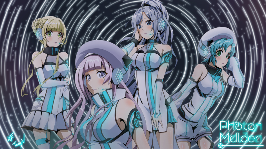 4girls \||/ aqua_eyes bare_shoulders blonde_hair blue_hair blush breasts d4dj fukushima_noa green_eyes grey_eyes hanamaki_towa hat headphones highres izumo_saki large_breasts long_hair looking_at_viewer multiple_girls niijima_ibuki open_mouth parted_lips photon_maiden pink_hair ponytail short_hair sky smile star_(sky) star_trail starry_sky tanny_v