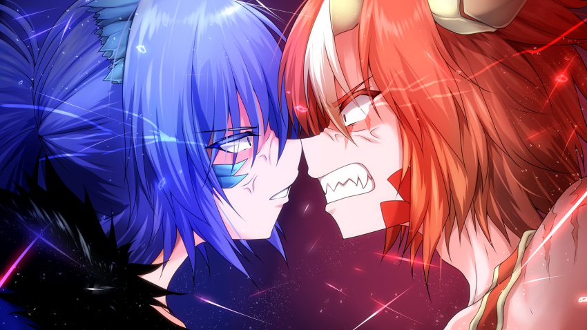 2girls anger_vein annes_(g_(genesis1556)) blue_background blue_hair choppy_bangs clenched_teeth commentary_request confrontation dein_(g_(genesis1556)) dragon_girl dragon_horns from_side fur_trim g_(genesis1556) highres horns long_hair looking_at_another medium_hair multicolored_hair multiple_girls noses_touching open_mouth original portrait red_background red_hair sanpaku scar sidelocks streaked_hair teeth two-tone_background v-shaped_eyebrows