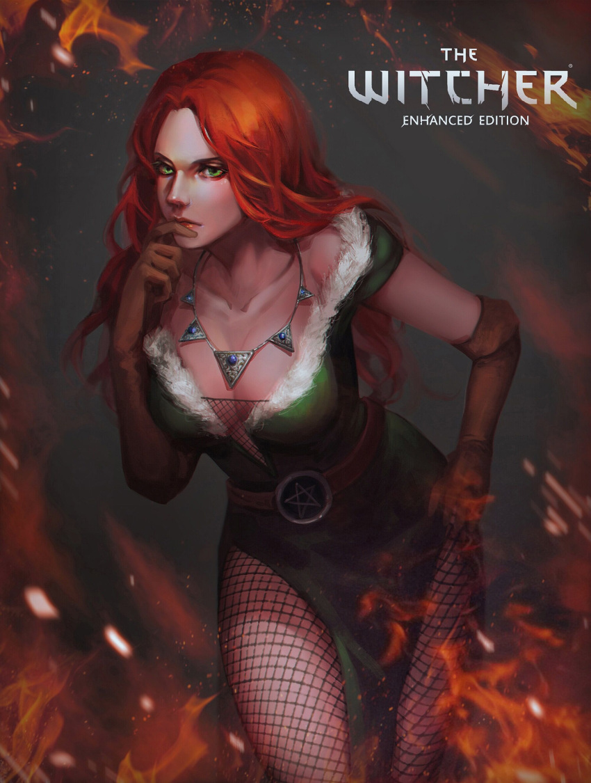 absurdres dress female fire fishnets fur_trim gem green_eyes highres jewelry long_hair necklace red_hair renshena solo_focus the_witcher_(series) triss_merigold