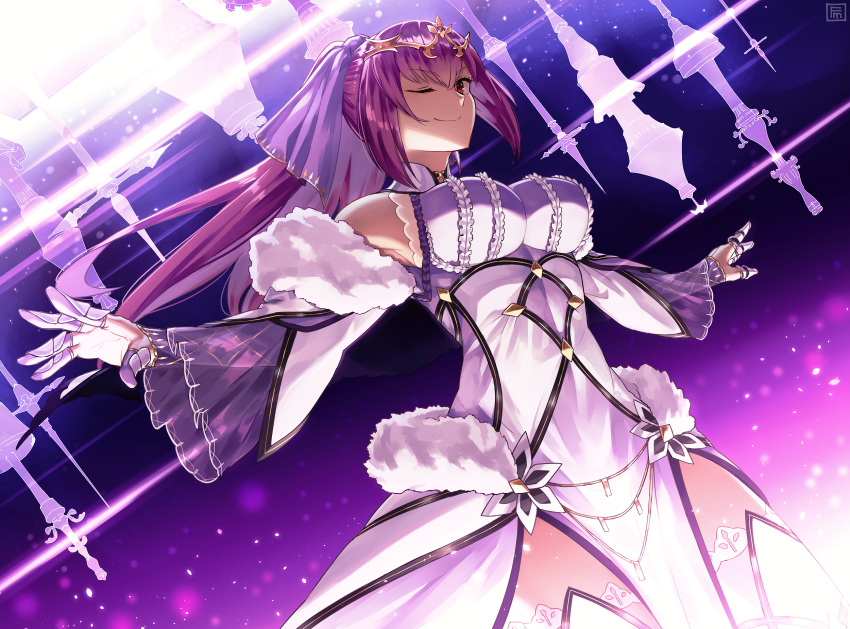 ;) breasts closed_mouth commentary dress fate/grand_order fate_(series) female fumato fur-trimmed_dress fur_trim gradient_background hair_between_eyes hair_ribbon highres large_breasts long_hair long_sleeves looking_at_viewer one_eye_closed purple_background purple_dress purple_hair purple_ribbon red_eyes ribbon scathach_(fate) scathach_skadi_(fate) scathach_skadi_(third_ascension)_(fate) smile standing tiara