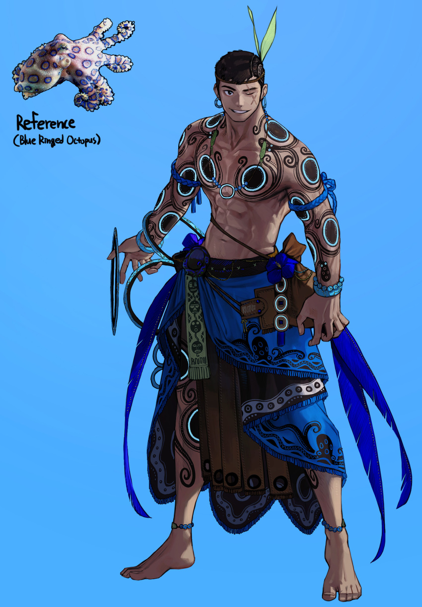 1boy abs anklet barefoot black_hair blue-ringed_octopus blue_background blue_feathers chakram cross_scar dark-skinned_male dark_skin earrings english_text feathers highres hoop_earrings jewelry large_pectorals leaf male_focus muscular muscular_male navel octopus one_eye_closed original parted_lips pectorals personification reference_inset rinotuna rope scar scar_across_eye scar_on_cheek scar_on_face short_hair simple_background smile solo tattoo topless_male weapon