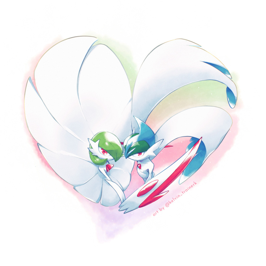 2others closed_mouth colored_skin commentary english_commentary from_above gallade gardevoir heart highres holding_hands kelvin-trainerk looking_at_viewer mega_gallade mega_gardevoir mega_pokemon multiple_others pokemon pokemon_(creature) red_eyes smile twitter_username white_skin