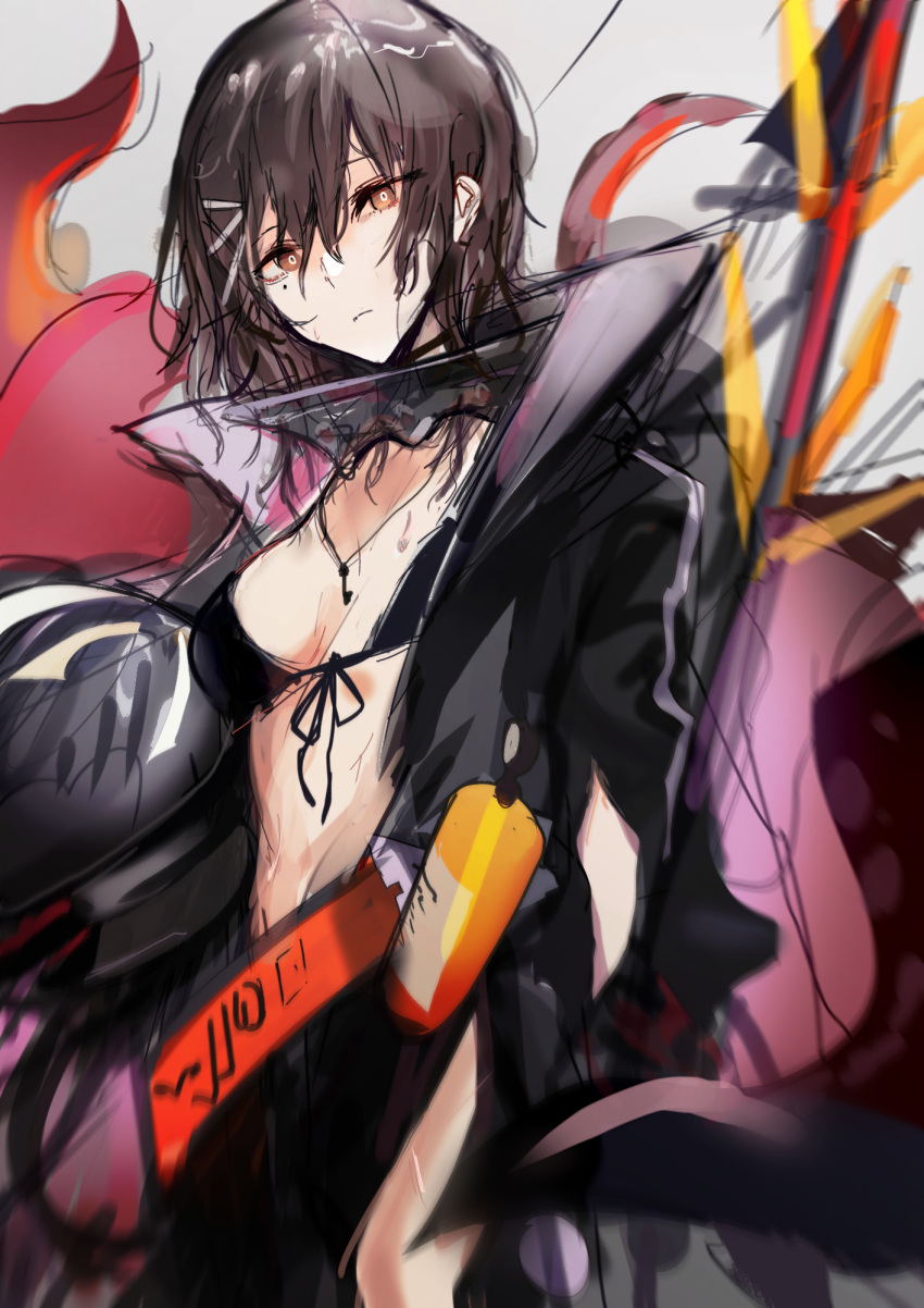 bikini bikini_top_only black_bikini breasts brown_hair chuhaibane collar diving_helmet diving_suit dry_suit expressionless female girls'_frontline girls'_frontline_neural_cloud hair_between_eyes hair_ornament hairclip hatsuchiri_(neural_cloud) helmet highres holding holding_helmet jewelry key key_necklace long_hair looking_at_viewer medium_breasts metal_collar mole mole_under_eye necklace open_wetsuit oxygen_tank red_eyes solo swimsuit tentacle upper_body