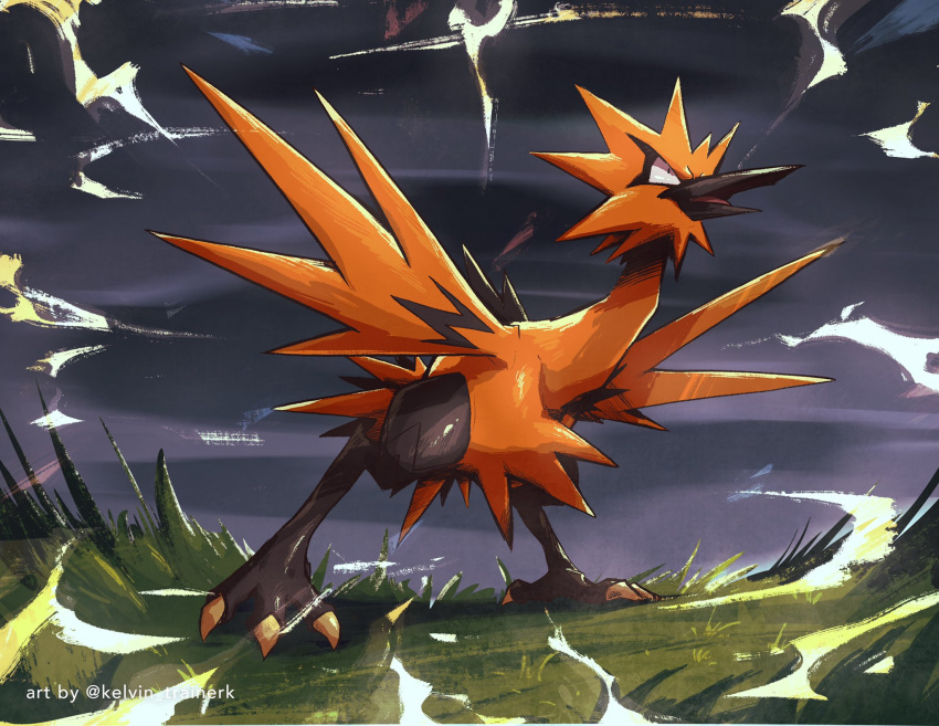 bird cloud cloudy_sky commentary dark_clouds electricity english_commentary galarian_zapdos grass highres kelvin-trainerk legs_apart no_humans open_mouth outdoors pokemon pokemon_(creature) sky solo standing tongue twitter_username