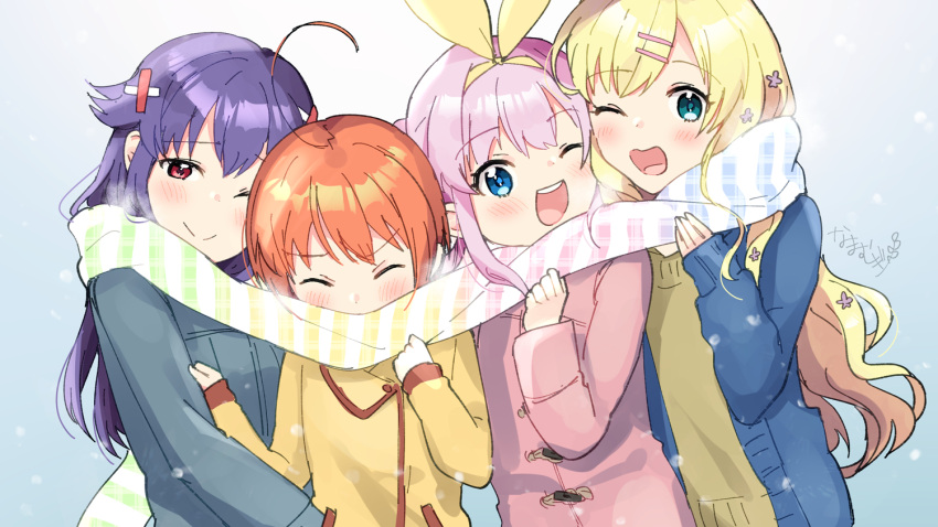 4girls ;) ;d ahoge blonde_hair blue_eyes blue_jacket blush brown_hair brown_jacket closed_mouth commentary_request cordelia_glauca flower gradient_scarf green_eyes hair_flower hair_ornament hair_ribbon hairclip hercule_barton jacket long_hair long_sleeves mugi_(iccomae) multiple_girls one_eye_closed open_mouth pink_hair pink_jacket purple_flower purple_hair red_eyes ribbon scarf shared_clothes shared_scarf sherlock_shellingford sleeves_past_wrists smile tantei_opera_milky_holmes teeth upper_body upper_teeth_only v-shaped_eyebrows very_long_hair x_hair_ornament yellow_ribbon yuzurizaki_nero