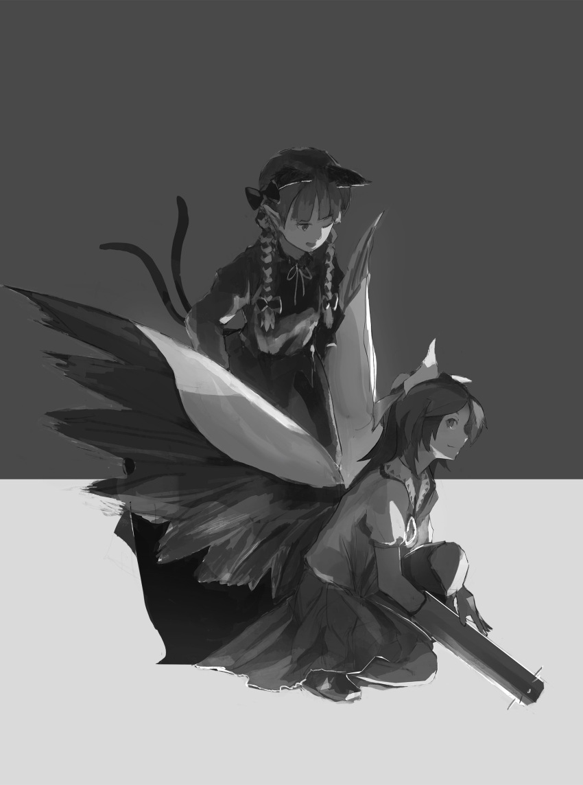 2girls ;d absurdres animal_ears arm_cannon bad_id bad_twitter_id bird_wings bow braid cape cat_ears cat_tail closed_mouth collared_shirt commentary dress extra_ears feathered_wings greyscale hairbow highres kaenbyou_rin long_hair long_sleeves looking_at_another looking_down looking_up monochrome multiple_girls multiple_tails neck_ribbon one_eye_closed open_mouth parted_bangs pointy_ears puffy_short_sleeves puffy_sleeves reiuji_utsuho ribbon saltlaver shirt short_sleeves skirt smile squatting standing tail third_eye touhou twin_braids two_tails weapon wings