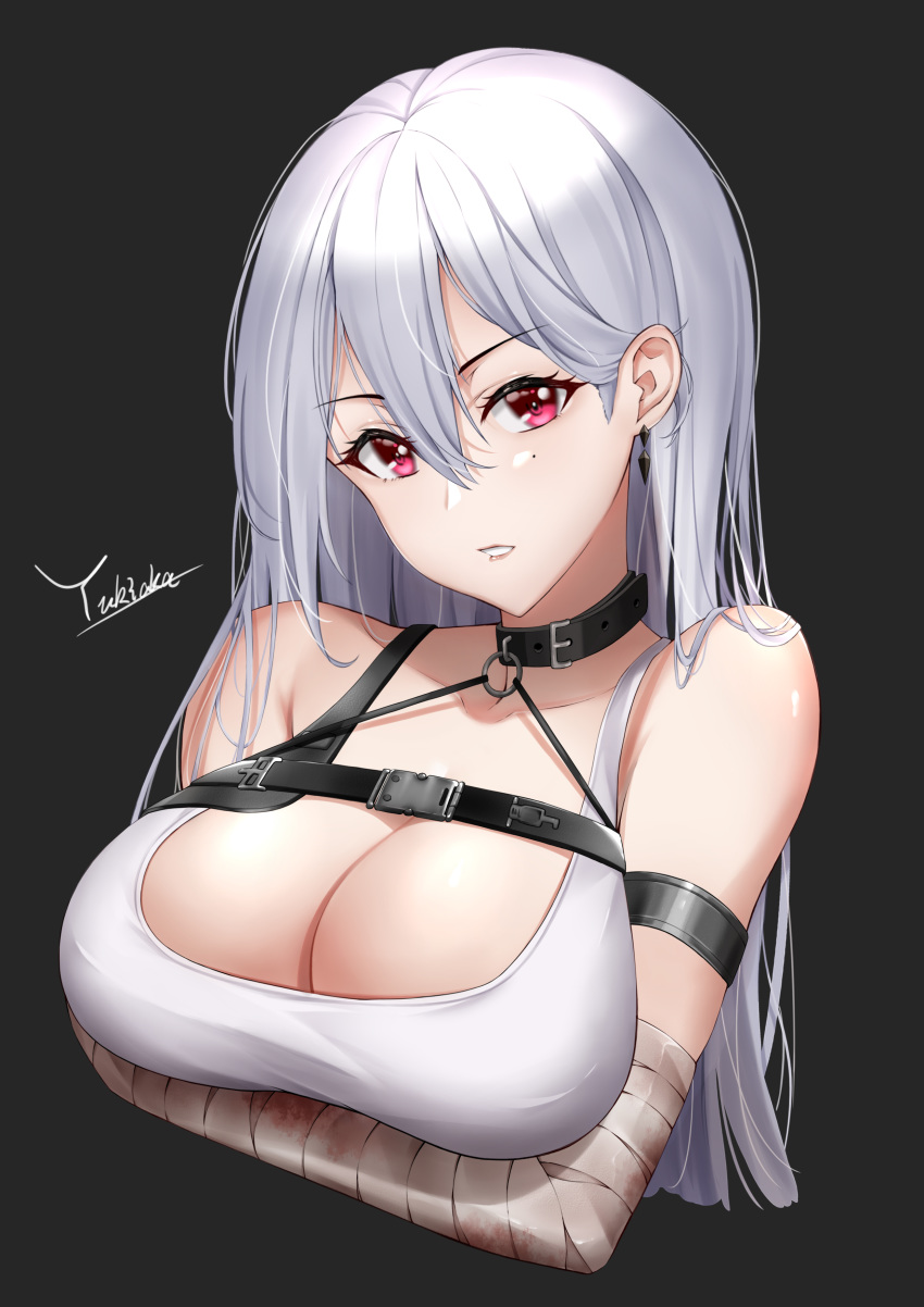 absurdres artist_name azur_lane bandages black_background breast_hold breasts chest_strap choker cleavage female hair_between_eyes highres large_breasts long_hair looking_at_viewer mole mole_under_eye official_alternate_costume red_eyes solo sovetskaya_rossiya_(azur_lane) sovetskaya_rossiya_(the_lackadaisical_lookout)_(azur_lane) upper_body white_hair yukiaka