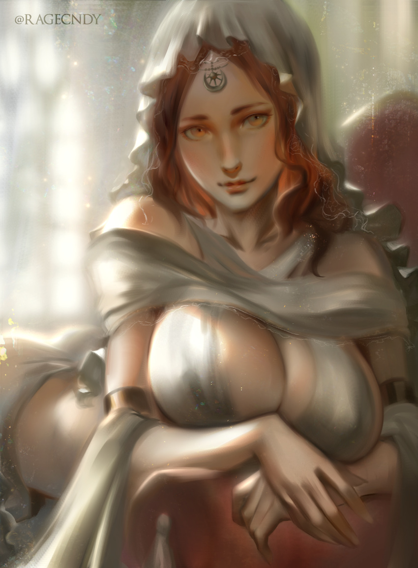 breasts brown_hair cleavage curly_hair dark_souls_(series) female highres jewelry large_breasts lips long_hair looking_at_viewer queen_of_sunlight_gwynevere ragecndy yellow_eyes