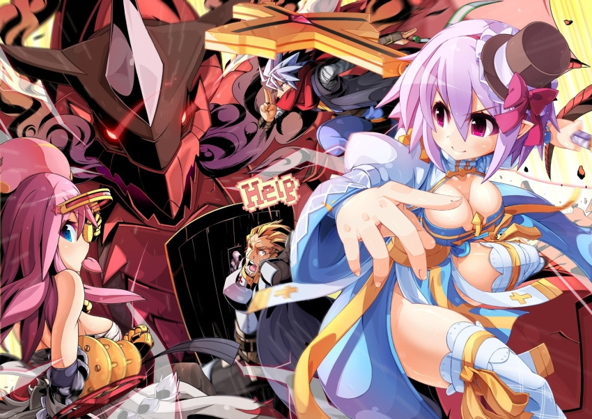 2boys 2girls arch_bishop_(ragnarok_online) argyle_clothes argyle_thighhighs arm_wrap armor bandages beard black_gloves black_kimono blue_dress blush bow breastplate breasts brown_hair brown_headwear cleavage cleavage_cutout closed_mouth clothing_cutout commentary_request cross detardeurus dragon dress dutch_angle facial_hair feet_out_of_frame frilled_hat frilled_thighhighs frills gauntlets gloves grey_hair hat hat_bow heart heart_in_mouth holding holding_shield japanese_clothes juliet_sleeves kimono large_cross long_sleeves looking_at_another looking_back medium_breasts multiple_boys multiple_girls ninja ninja_(ragnarok_online) no_panties official_art official_wallpaper ooyama_kina open_mouth paladin_(ragnarok_online) pelvic_curtain pink_hair pointy_ears puffy_sleeves purple_hair ragnarok_online red_bow red_scarf sarashi sash scarf shield shiny_skin short_hair shouting smile sura_(ragnarok_online) thighhighs top_hat two-tone_dress white_dress white_thighhighs yellow_sash