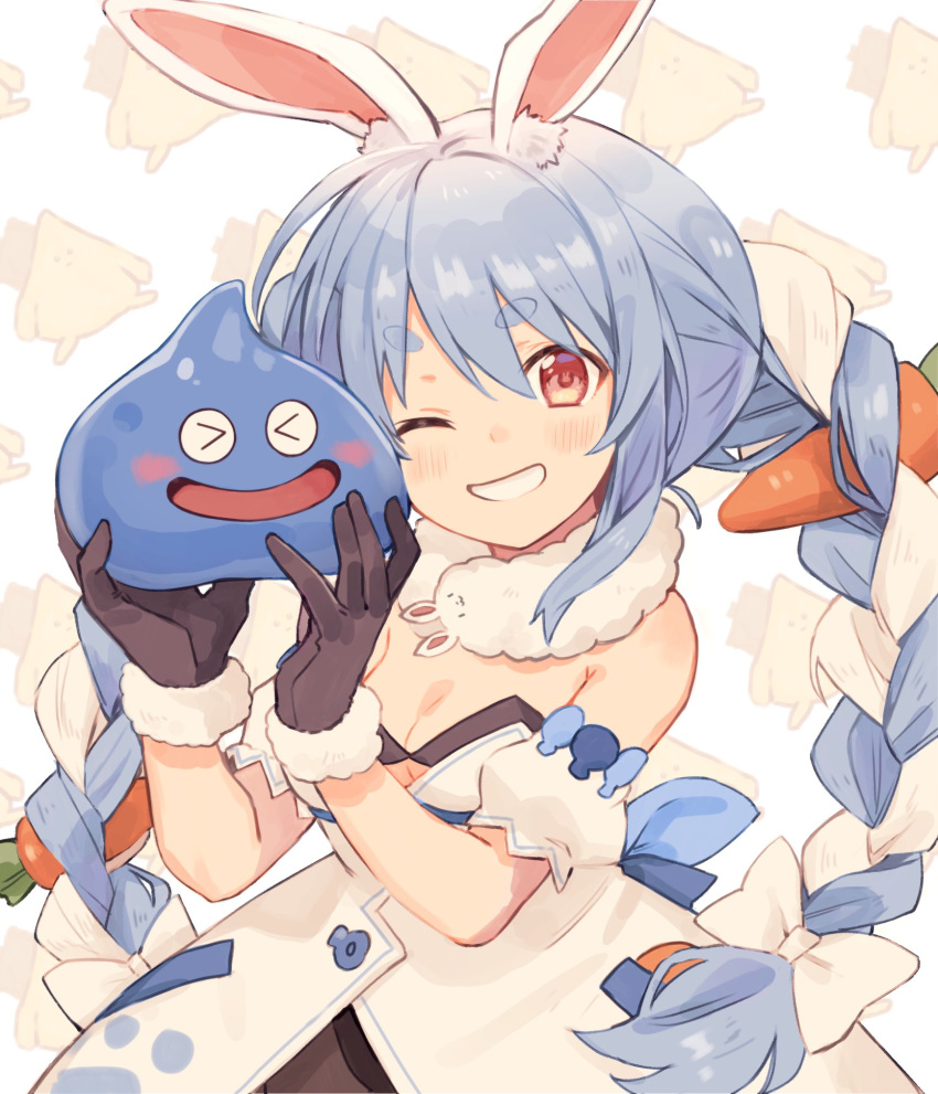 animal_ear_fluff animal_ears black_gloves blue_hair braid carrot carrot_hair_ornament don-chan_(usada_pekora) dragon_quest female food-themed_hair_ornament fur-trimmed_gloves fur_scarf fur_trim gloves hair_ornament highres holding hololive long_braid long_hair looking_at_viewer one_eye_closed orqz parted_lips rabbit-shaped_pupils rabbit_ears rabbit_girl red_eyes slime_(dragon_quest) smile symbol-shaped_pupils thick_eyebrows twin_braids upper_body usada_pekora usada_pekora_(1st_costume) virtual_youtuber white_hair