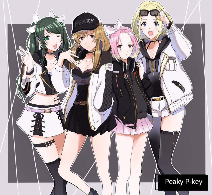 4girls absurdres bapepo baseball_cap blonde_hair blue_eyes blush breasts brown_eyes brown_hair closed_mouth d4dj green_eyes green_hair group_name hat highres hood hooded_jacket inuyose_shinobu jacket long_hair long_sleeves looking_at_viewer multiple_girls peaky_p-key pink_hair sasago_jennifer_yuka shimizu_esora short_hair smile standing twintails yamate_kyouko