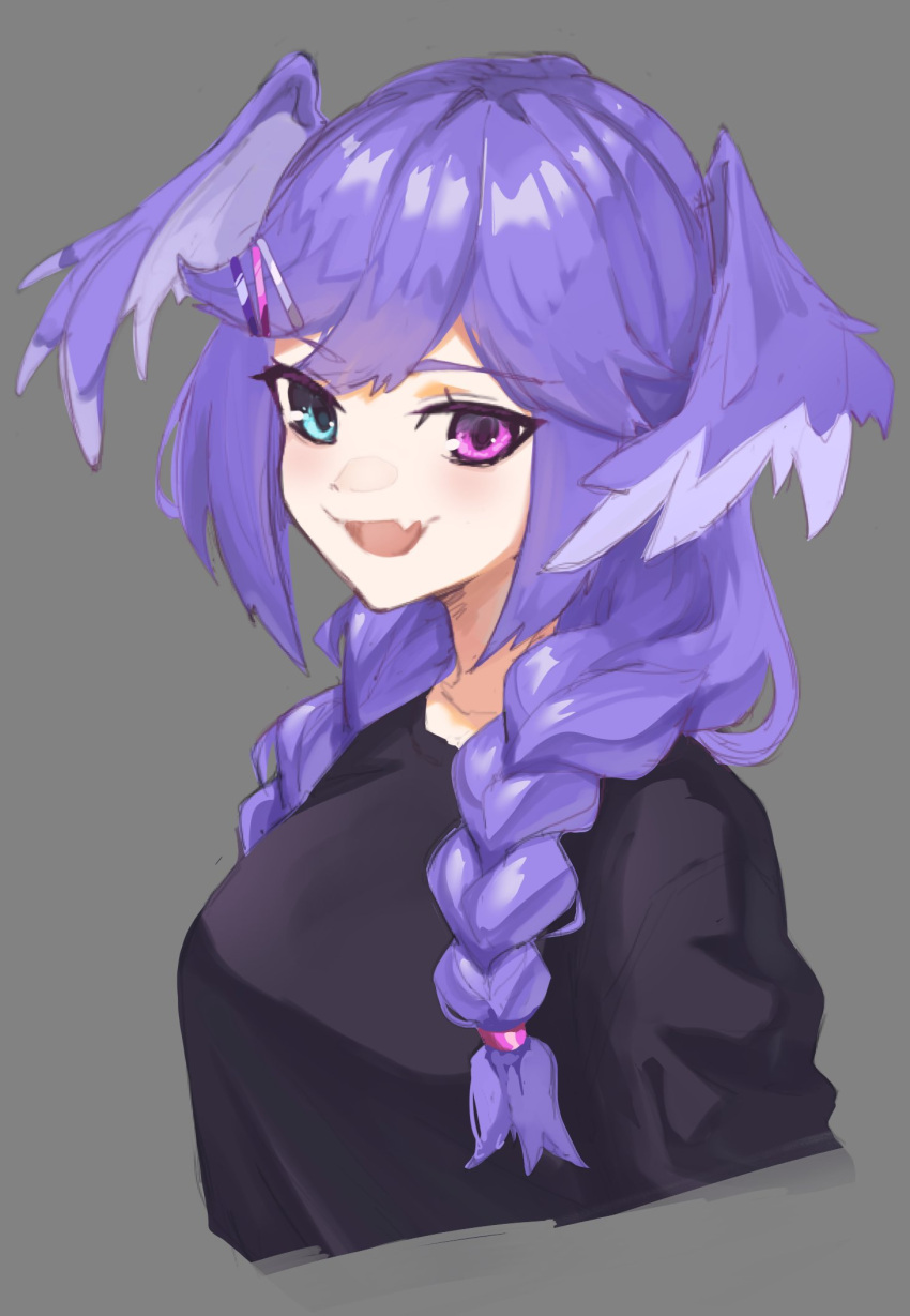 black_jacket blue_eyes braid breasts collarbone female from_side grey_background hair_ornament hairclip head_wings heterochromia highres jacket looking_at_viewer medium_breasts medium_hair nijisanji nijisanji_en oerba_yun_fang open_mouth purple_eyes purple_hair radioneet selen_tatsuki skin_fang solo twin_braids upper_body virtual_youtuber wings