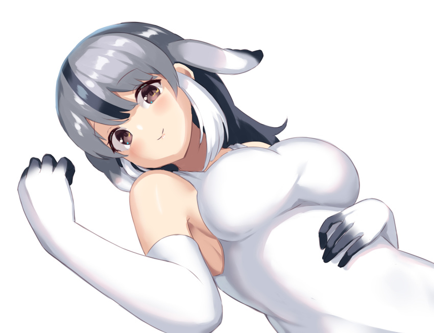 animal_ears bearded_seal_(kemono_friends) black_hair blush breasts brown_eyes clenched_hand commentary_request dutch_angle elbow_gloves female gloves gradient_clothes gradient_gloves grey_hair hair_behind_ear hair_between_eyes hand_on_own_stomach hand_up highres kemono_friends kemono_friends_3 large_breasts looking_at_viewer lying multicolored_hair on_back one-piece_swimsuit sawara_noa sidelocks smile solo streaked_hair swimsuit upper_body white_background white_gloves white_hair white_one-piece_swimsuit