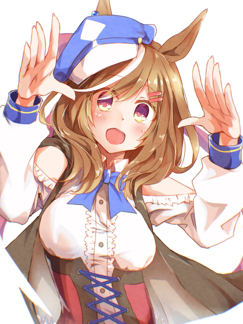 animal_ears arms_up bare_shoulders black_cape blue_hat breasts brown_hair cabbie_hat cape center_frills clothing_cutout commentary_request eyes_visible_through_hair female frills hair_between_eyes hair_ornament hairclip hat highres horse_ears horse_girl long_hair long_sleeves matikane_tannhauser_(umamusume) medium_breasts puffy_long_sleeves puffy_sleeves purple_eyes rinrin_(927413) shirt shoulder_cutout simple_background solo tilted_headwear umamusume upper_body white_background white_shirt