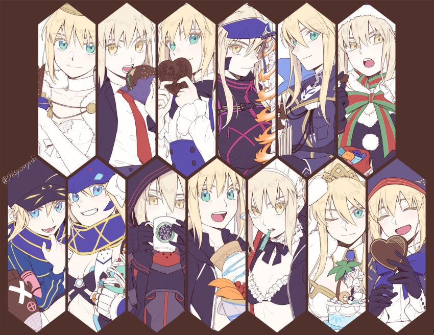 6+girls ahoge annotated artoria_caster_(fate) artoria_caster_(second_ascension)_(fate) artoria_pendragon_(alter_swimsuit_rider)_(fate) artoria_pendragon_(alter_swimsuit_rider)_(second_ascension)_(fate) artoria_pendragon_(fate) artoria_pendragon_(lancer)_(fate) artoria_pendragon_(lancer)_(formal_dress)_(fate) artoria_pendragon_(lancer_alter)_(fate) artoria_pendragon_(lancer_alter)_(traveling_outfit)_(fate) artoria_pendragon_(swimsuit_archer)_(fate) artoria_pendragon_(swimsuit_archer)_(second_ascension)_(fate) artoria_pendragon_(swimsuit_ruler)_(fate) baseball_cap blonde_hair bow burger cake candy chocolate fate/grand_order fate/stay_night fate_(series) food green_eyes hat heart heart-shaped_chocolate highres hood ice_cream maid_headdress mouth_hold multiple_girls multiple_persona mysterious_heroine_x_(fate) mysterious_heroine_x_alter_(fate) mysterious_heroine_x_alter_(third_ascension)_(fate) mysterious_heroine_xx_(fate) necktie official_alternate_costume portrait saber_(fate) saber_(under_the_same_sky)_(fate) saber_alter saber_alter_(traveling_outfit)_(fate) saber_lily saber_lily_(festival_outfit)_(fate) santa_alter scarf shayubi smile tiara valentine yellow_eyes