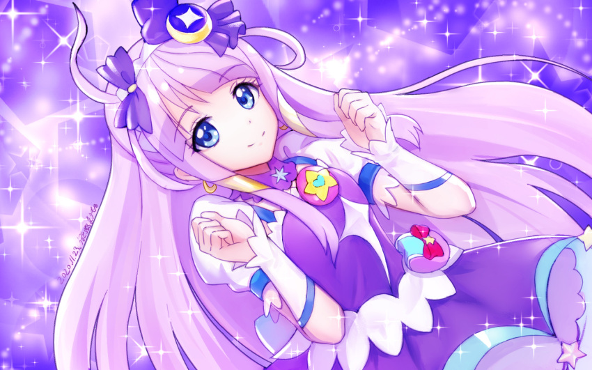 blue_eyes bow closed_mouth crescent crescent_earrings cure_selene dated dress earrings female hairbow jewelry kaguya_madoka long_hair looking_at_viewer magical_girl precure purple_background purple_bow purple_dress purple_hair purple_theme sidelocks signature smile solo sparkle star_twinkle_precure ultramarimo upper_body wrist_cuffs