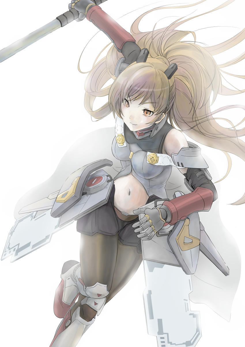 absurdres black_bow black_pantyhose bow brown_hair female final_gear floating_hair hair_behind_ear highres holding holding_weapon margaret_(final_gear) mechanical_arms navel pantyhose ponytail red_footwear solo supitaso. v-shaped_eyebrows weapon white_background