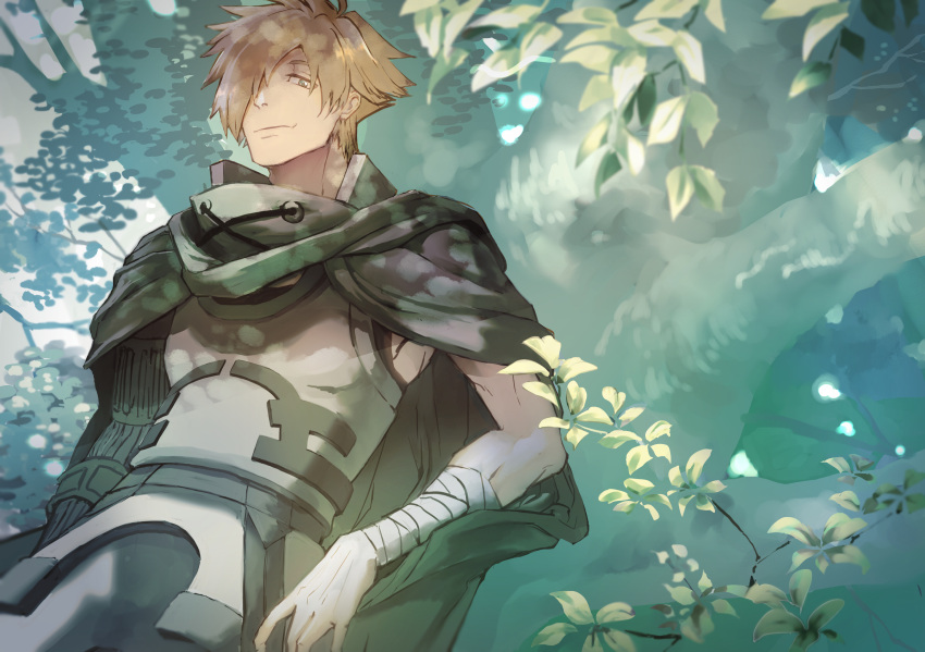 1boy cloak cowboy_shot fate/extra fate_(series) forest green_cloak hair_over_one_eye hakoito highres looking_at_viewer male_focus nature orange_hair robin_hood_(fate) short_hair smile solo sunlight swept_bangs