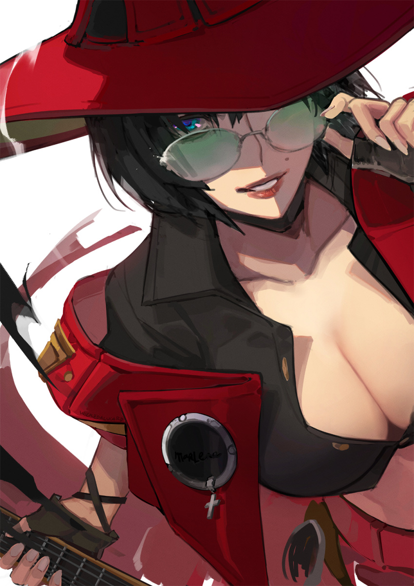 adjusting_eyewear black_choker black_gloves black_hair blue_eyes breasts choker cleavage female fingerless_gloves fingernails glasses gloves green-tinted_eyewear guilty_gear guilty_gear_strive guitar hat hat_over_one_eye highres holding holding_instrument i-no ian_olympia instrument jacket large_breasts lips looking_at_viewer looking_over_eyewear midriff mole mole_above_mouth one_eye_covered partially_unbuttoned red_jacket rimless_eyewear short_hair solo sunglasses tinted_eyewear upper_body witch_hat