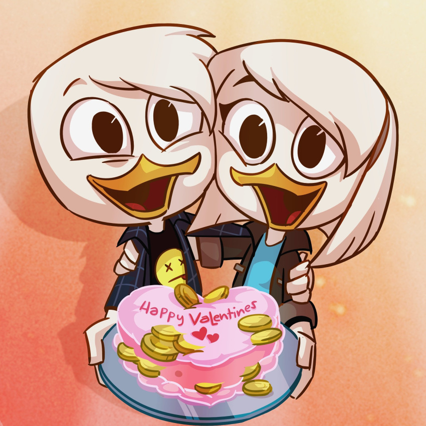 1:1 anatid anseriform anthro avian bird brother_(lore) brother_and_sister_(lore) cake clothing coin della_duck dessert disney donald_duck duck ducktales ducktales_(2017) duo female food hi_res holidays jacket khionyohannmendoza male shirt sibling_(lore) sister_(lore) topwear valentine's_day young young_anthro