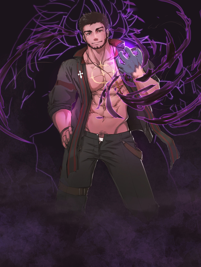 1boy abs aura avenger_(dungeon_and_fighter) bara bare_pectorals beard black_hair black_jacket black_male_underwear bulge character_request check_character cross cross_necklace dark-skinned_male dark_aura dark_skin dungeon_and_fighter facial_hair feet_out_of_frame gradient_skin highres jacket jewelry kulolin looking_at_viewer male_focus male_priest_(dungeon_and_fighter) male_underwear male_underwear_peek mature_male muscular muscular_male navel necklace nipples open_clothes open_fly open_jacket pectorals powering_up pubic_hair pubic_hair_peek red_eyes short_hair solo standing stomach underwear