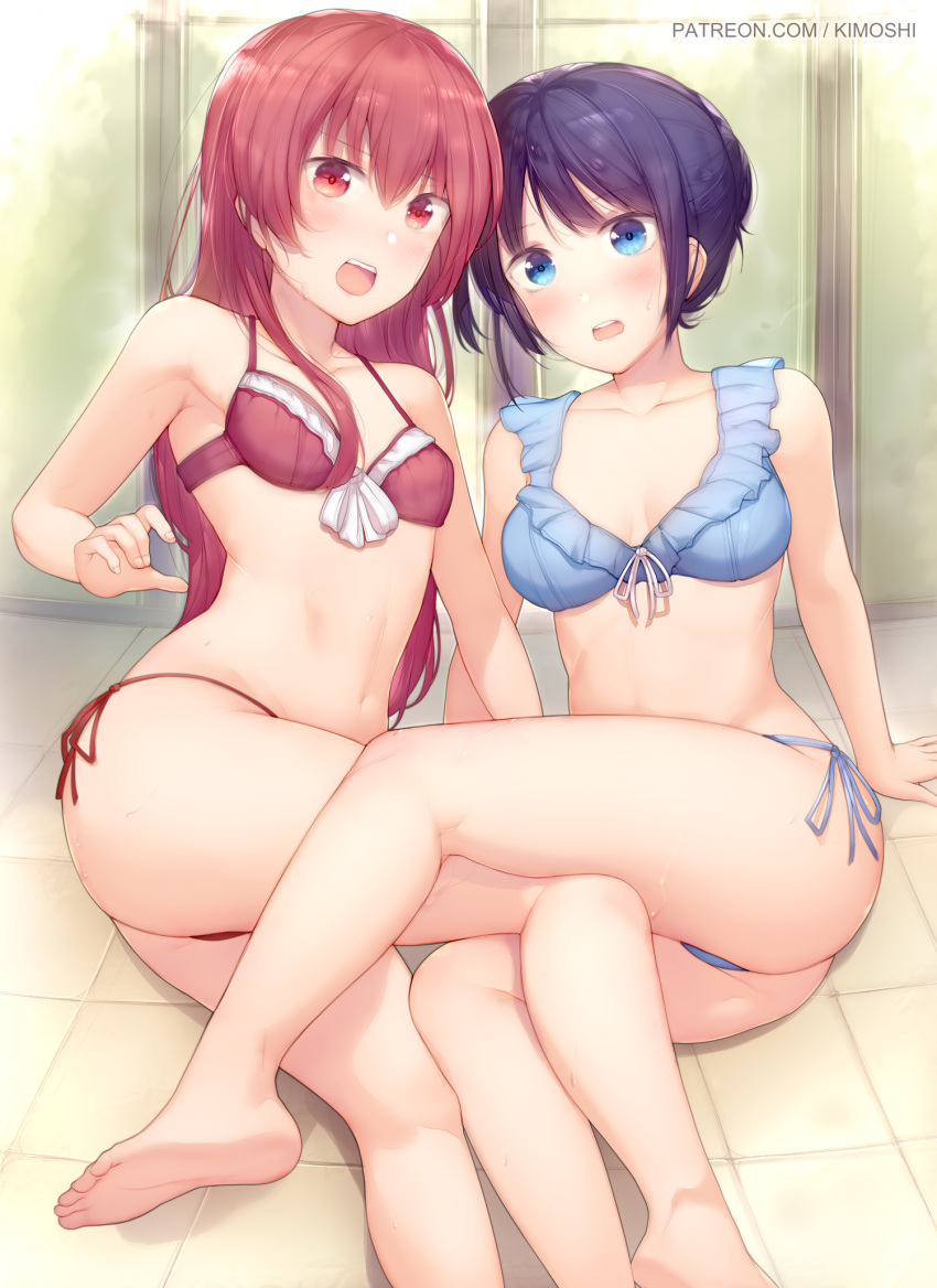 2girls barefoot bikini blue_bikini blue_eyes blue_hair blue_ribbon blush breasts cleavage collarbone front-tie_bikini_top front-tie_top hair_between_eyes highres kanojo_mo_kanojo kimoshi long_hair looking_at_viewer minase_nagisa multiple_girls open_mouth red_bikini red_eyes red_hair red_ribbon ribbon saki_saki_(kanojo_mo_kanojo) short_hair side-tie_bikini_bottom sitting small_breasts soles straight_hair sweatdrop swimsuit very_long_hair watermark web_address